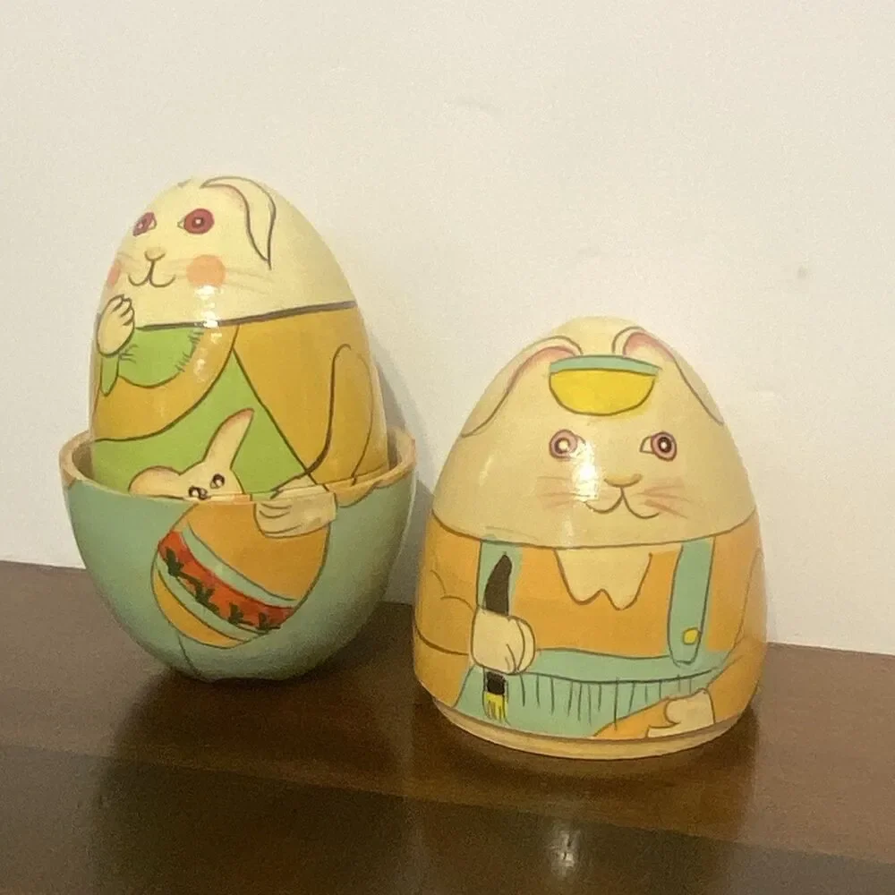 Vintage Easter Bunny Wooden Nesting Eggs 4 Pc Set Russian Matryoshka Doll Style